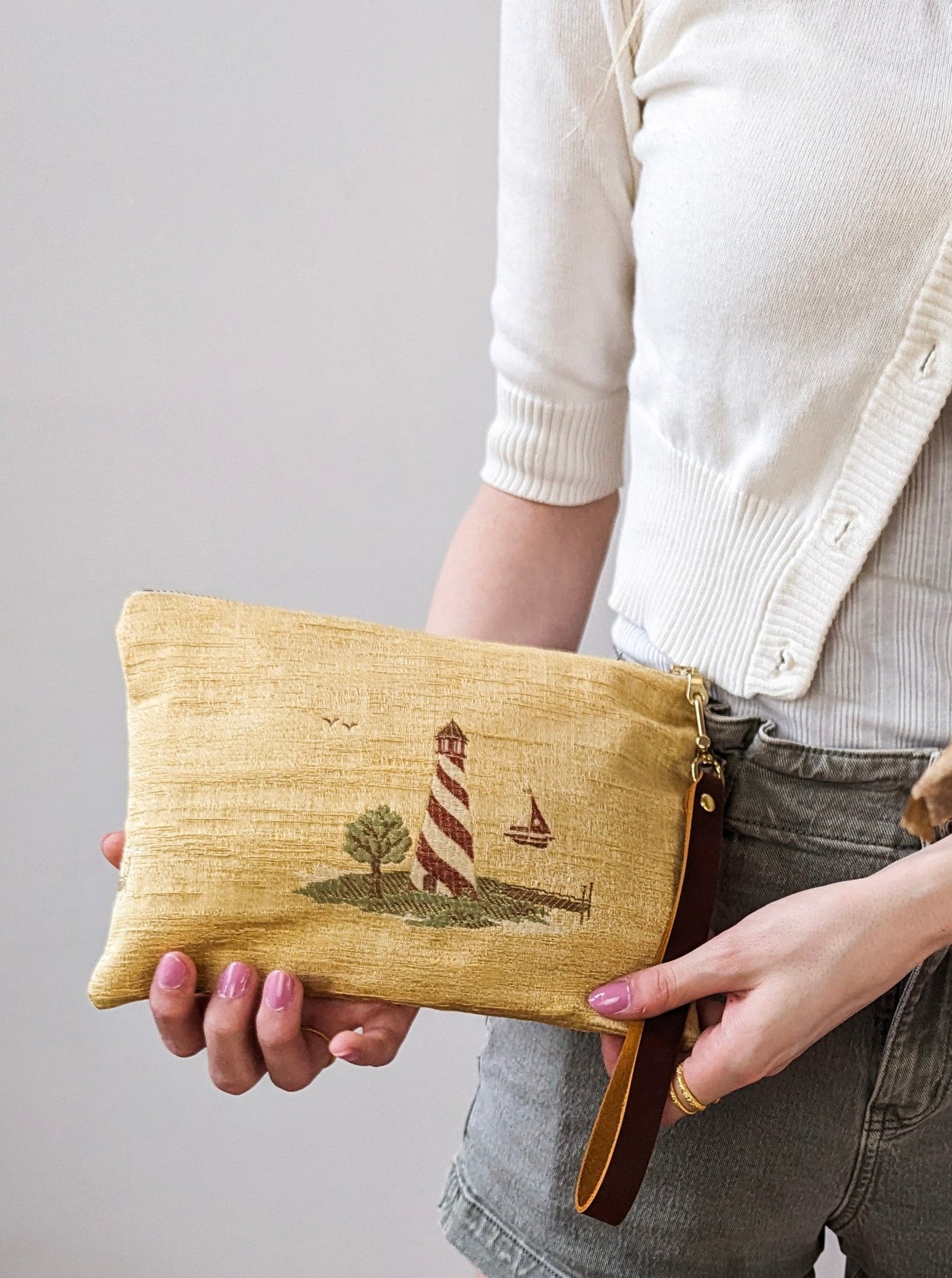 Sail Away Lighthouse Wristlet Linen & Leather