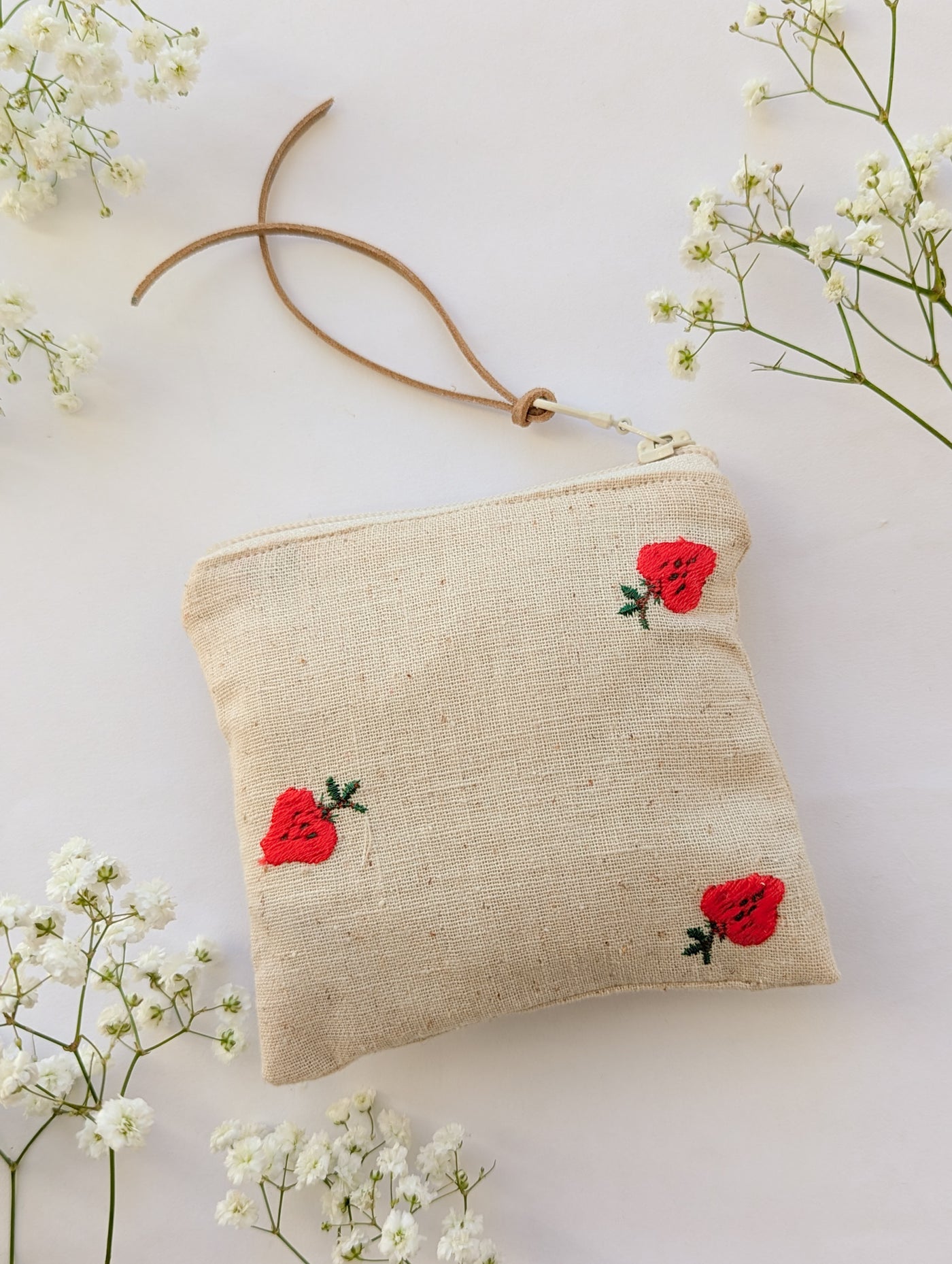 Embroidered Strawberries Square Pouch